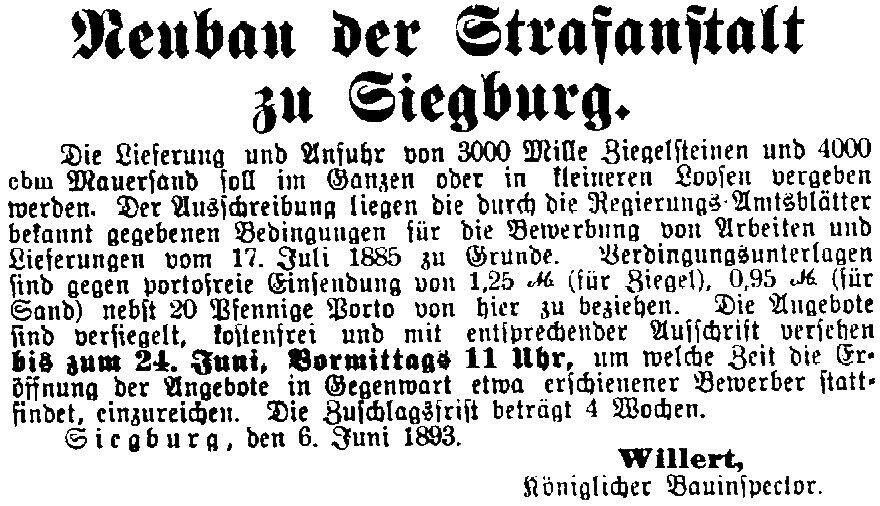 Öffentliche Ausschreibung zum "Neubau der Strafanstalt zu Siegburg" vom 6. Juni 1893.