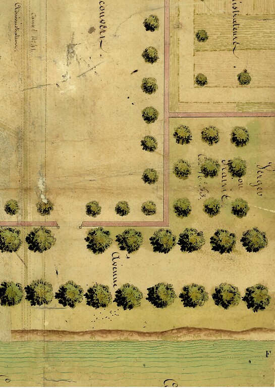 Der Ausschnitt des Grundrisses von 1808 zeigt die Stelle, an dem sich heute die kleine Reithalle des Landgestüts Zweibrücken befindet (1808)