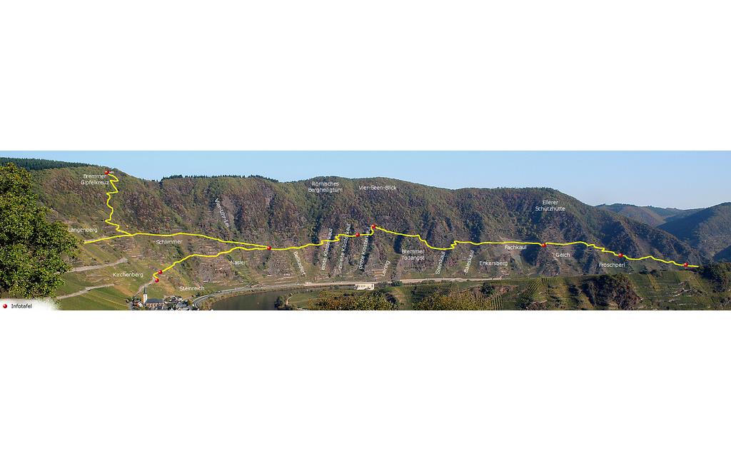 Panoramabilde des Calmont mit dem Klettersteig und Lagenbezeichnungen (2012)