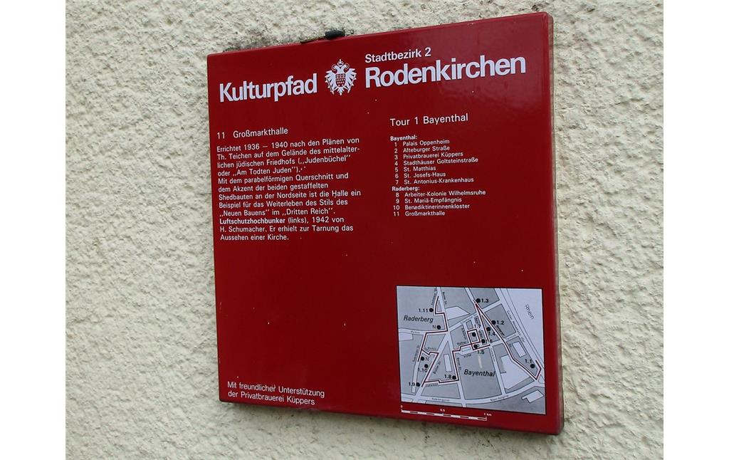 Informationstafel des Kulturpfads Rodenkirchen in der Sechtemer Straße in Köln-Raderberg zur Großmarkthalle auf dem Gelände des früheren Jüdischen Friedhofs "Judenbüchel" (2016).