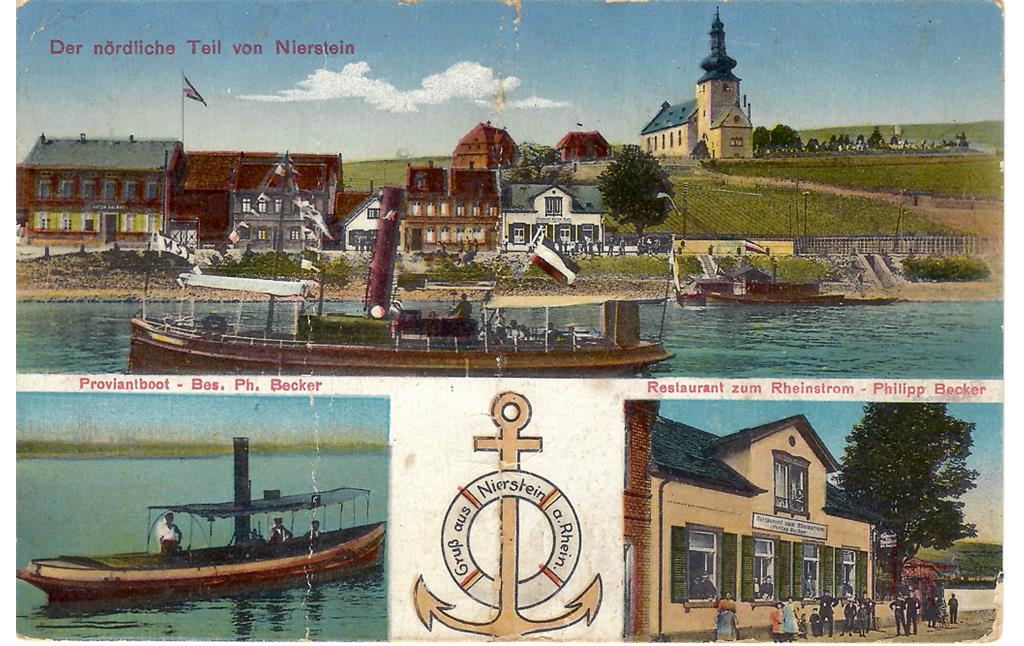 Historische Postkarte (koloriert) mit dem Niersteiner Rheinufer, einem Proviantboot und dem Restaurant "zum Rheinstrom" (1950er Jahre)