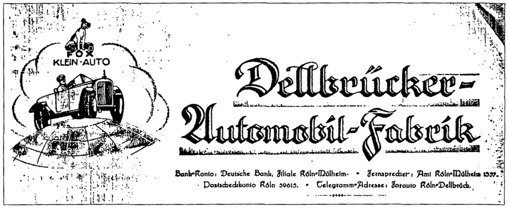 Briefkopf der "Dellbrücker-Automobil-Fabrik", der späteren "Fox Automobilwerke AG" in Köln-Dellbrück von 1922.