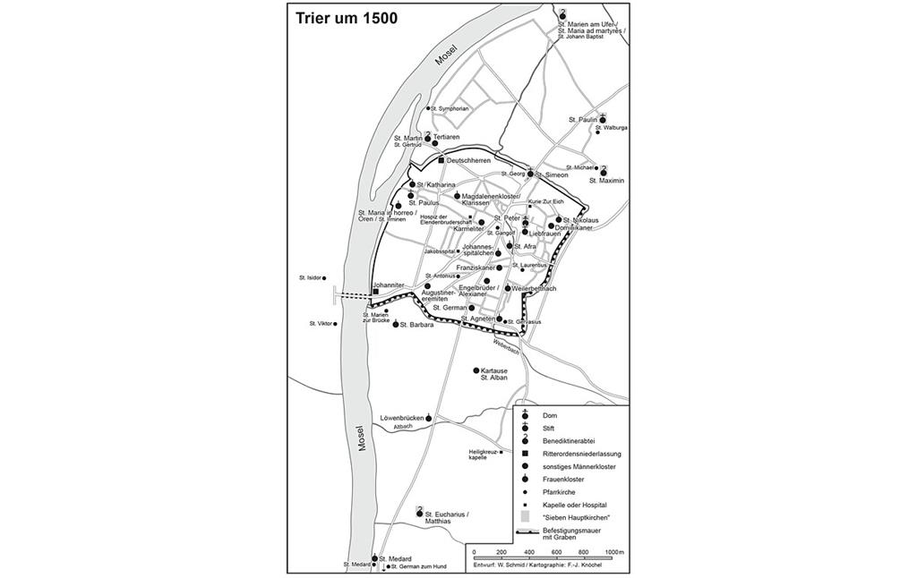 Karte der Stadt Trier um das Jahr 1500 mit den Kirchen und geistlichen Niederlassungen sowie dem damaligen Straßennetz und der Befestigungsmauer (PDF-Datei, 58 kB, 2003).