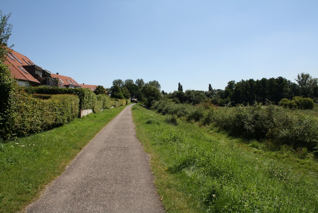 Siedlungsrand, der direkt an das Naturschtuzgebiet "Weseler Aue" angrenzt. Zu sehen ist ein schmaler Radweg, der die Stadtteile Feldmark und Flüren verbindet (2012).