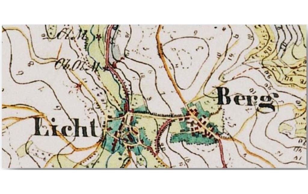 Vergrößerter Kartenausschnitt aus der Karte Preußische Uraufnahme mit den Orten "Berg" und "Licht" (1843-1878)