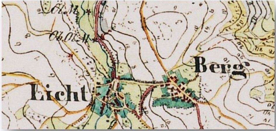 Vergrößerter Kartenausschnitt aus der Karte Preußische Uraufnahme mit den Orten "Berg" und "Licht" (1843-1878)