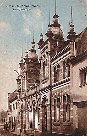 Historische Ansichtskarte aus der Zeit der Alliierten Rheinlandbesetzung (vor 1930) mit der Synagoge in Euskirchen.