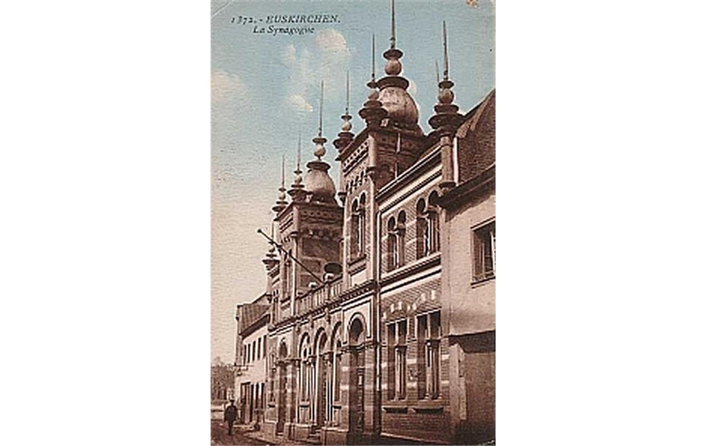 Historische Ansichtskarte aus der Zeit der Alliierten Rheinlandbesetzung (vor 1930) mit der Synagoge in Euskirchen.