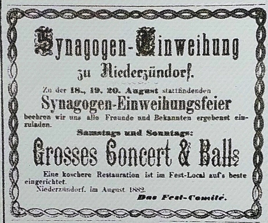Historische Anzeige mit der Einladung zu den Einweihungsfeierlichkeiten der Synagoge "zu Niederzündorf" vom 18. bis 20. August 1882.