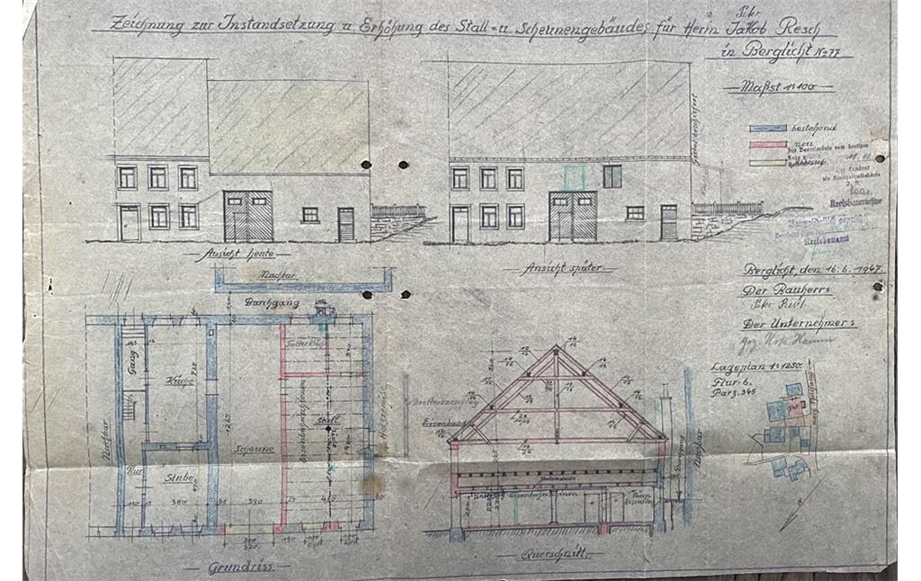 Instandsetzung und Erhöhung des Wirtschaftsgebäudes von Peter Resch  Planzeichnung vom 16. Juni 1947