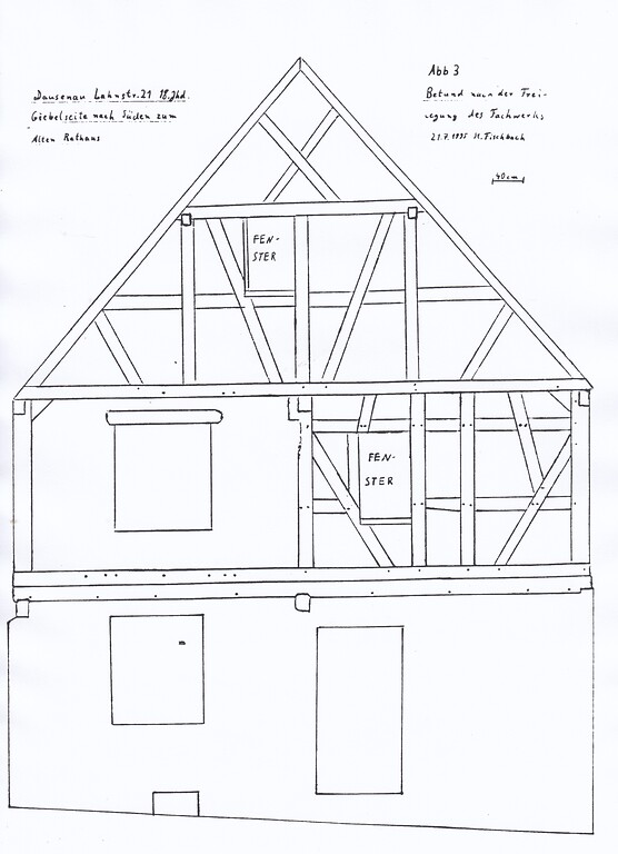 Rekonstruktionszeichnung mit Befund des Fachwerkgebäudes Lahnstraße 21 in Dausenau (1995)
