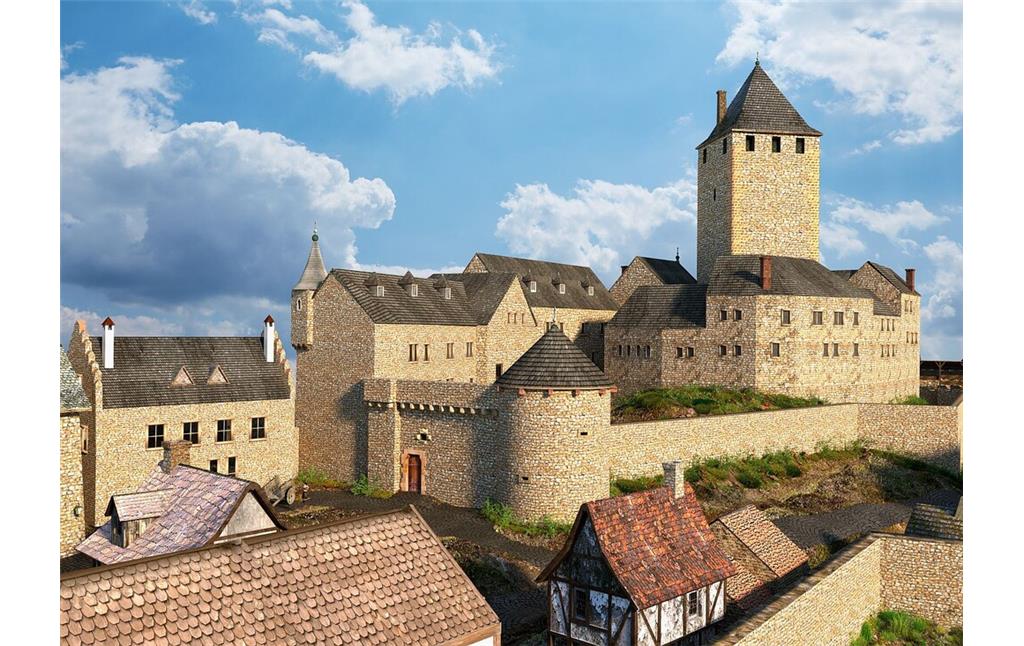 Rekonstruktionsvorschlag des Westbefestigung der Oberburg von Burg Lichtenberg von Westen aus (2023)