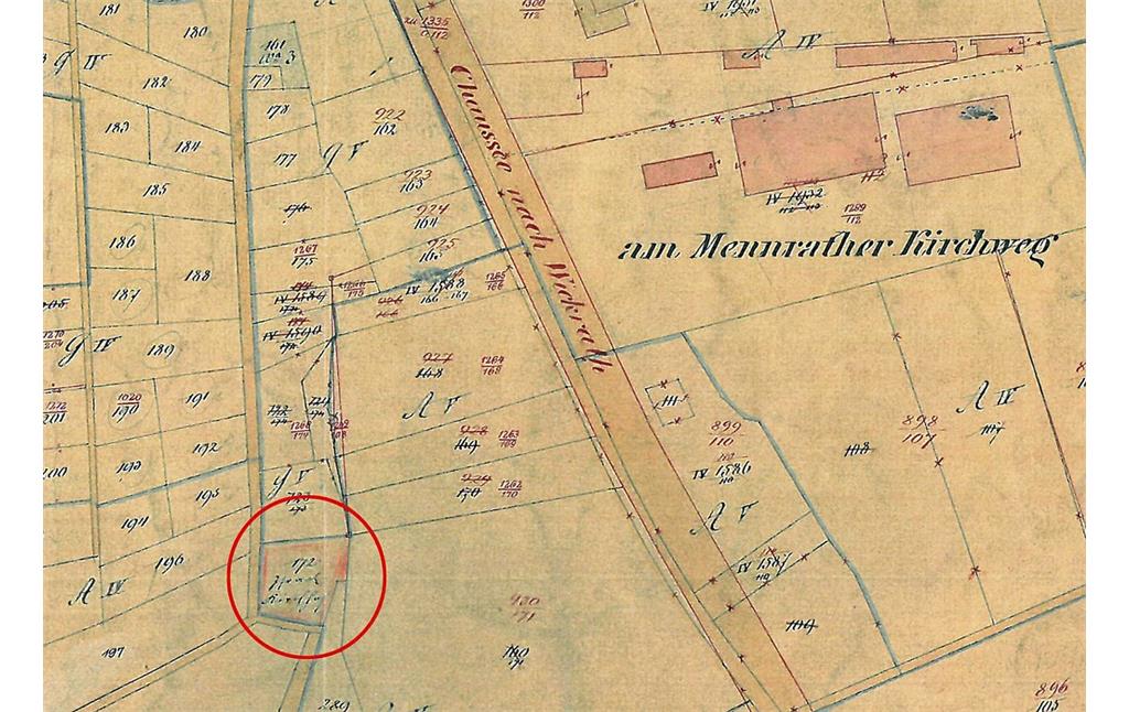 Kartenausschnitt mit dem Eintrag "172 jüdisch. Kirchhof" zum Katasterauszug zum Alten Jüdischen Friedhof Jüddeberg in Rheindahlen (1895/1896).