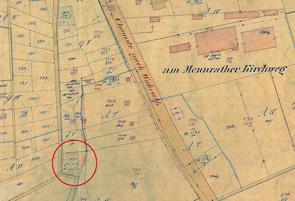 Kartenausschnitt mit dem Eintrag "172 jüdisch. Kirchhof" zum Katasterauszug zum Alten Jüdischen Friedhof Jüddeberg in Rheindahlen (1895/1896).