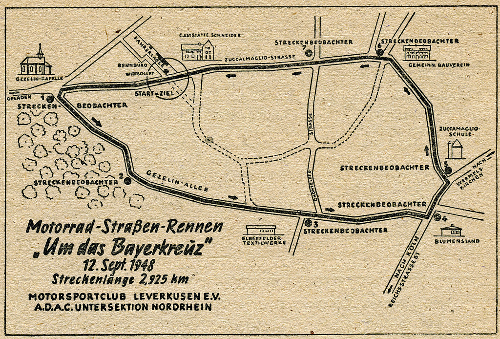Plan der 2.925 Meter langen Strecke des Motorrad-Rennens "Um das Bayerkreuz" bei Schlebusch / Alkenrath (aus einem Heft zum Rennen am 12. September 1948).