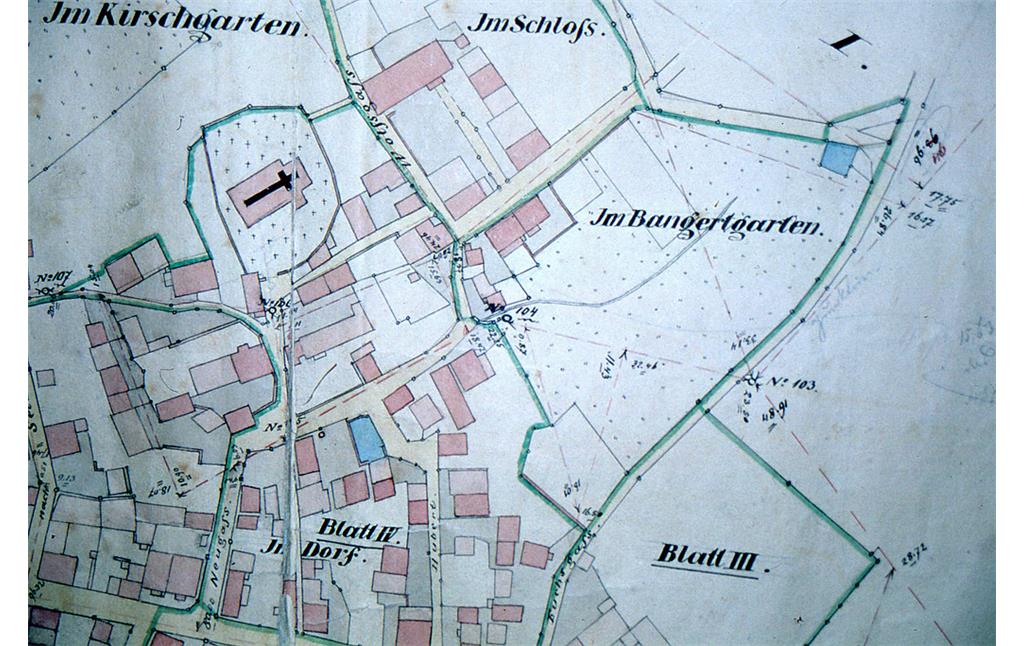 Plan der Ortsgemeinde Dörrebach, rechts oben ist das Schloss mit den beiden Zehntscheunen eingezeichnet (vor 1936)