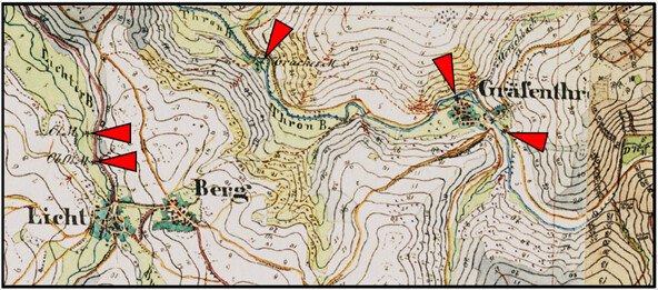 Kartenausschnitt der Preußischen Kartenaufnahme Uraufnahme-Urmesstischblätter mit der Darstellung der vier Mühlen bei Gräfendhron und Berglicht (1:25.000, 1843-1878)
