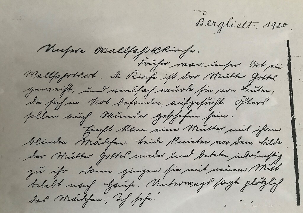 Handschriftliche Notiz einer unbekannten Person aus Berglicht aus dem Jahr 1920 zum Gnadenbild in der Kirche Maria Geburt in Berglicht (1920)