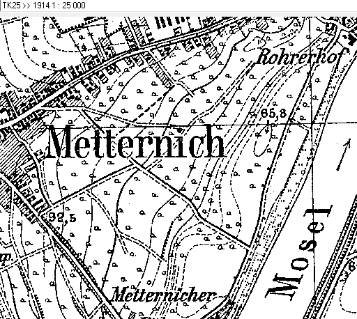 Ausschnitt aus der Topographischen Karte 1:25.000 aus dem Jahr 1914 im Bereich des heutigen Campus Koblenz der Universität Koblenz-Landau bzw. der seinerzeitigen Pionier-Kaserne Koblenz-Metternich.