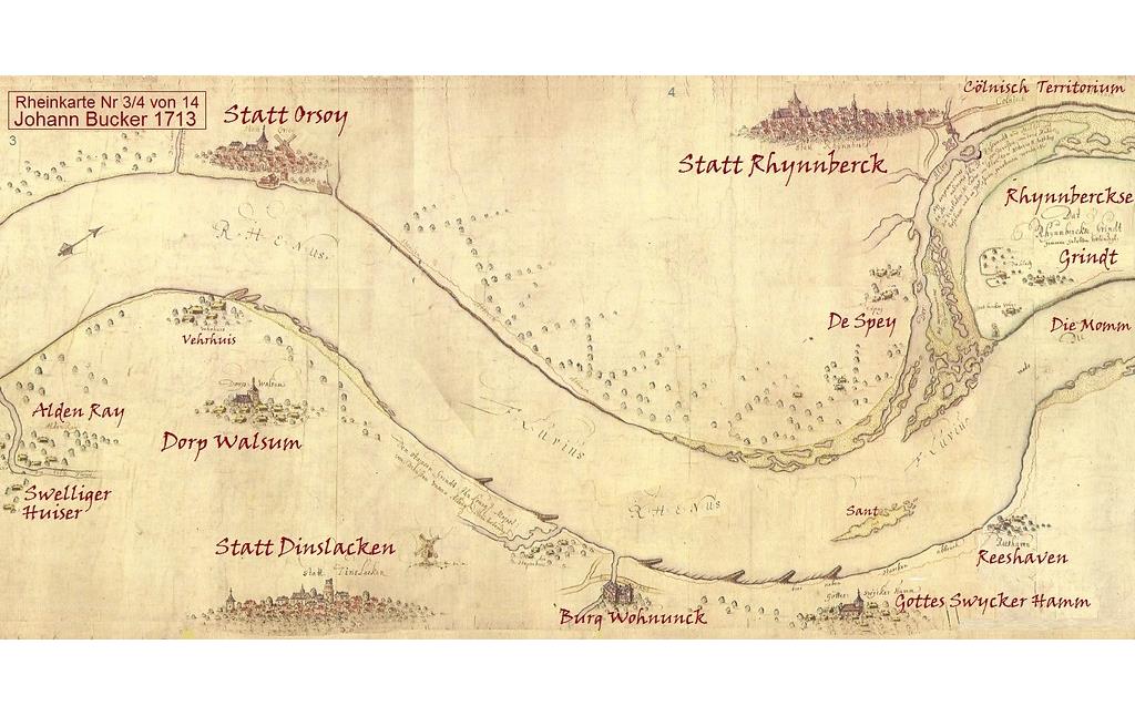 Bearbeiteter Scan einer Faksimile-Ausgabe der "Buckerschen Karte" des Kartographen Johann Bucker aus dem Jahr 1713: Der Rhein zwischen Dinslaken und Rheinberg.