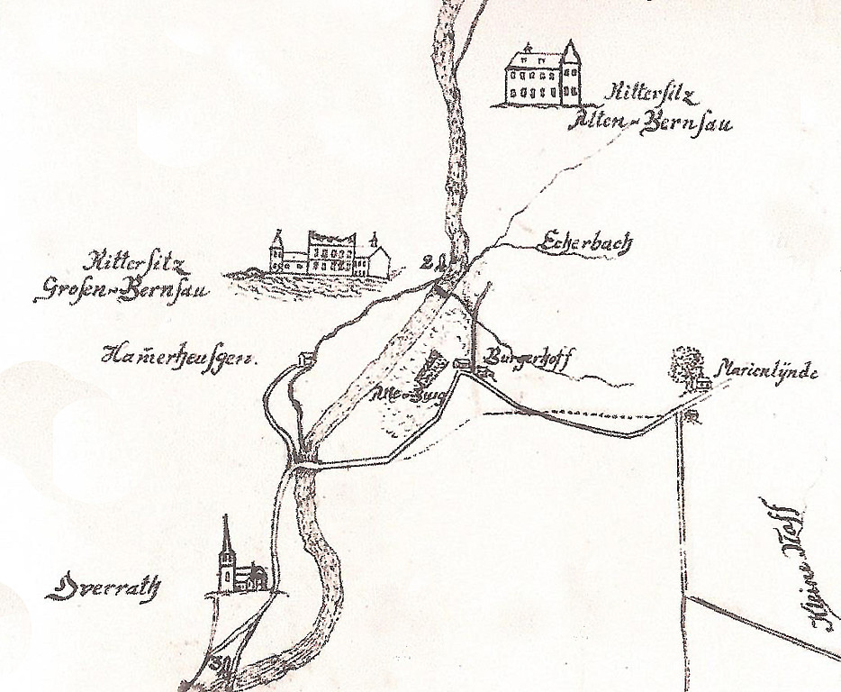 Karte des von Wylichschen Jagdbezirks aus dem Jahre 1789: in der Mitte ist der Rittersitz "Großen Bernau" dargestellt.