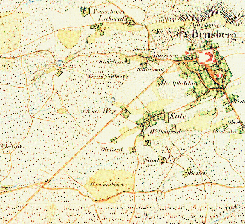 Ausschnitt aus der Kartenaufnahme der Rheinlande 1:25.000 von Tranchot / von Müffling (1801-1828), Blatt 5007/08r (Köln/Köln-Mülheim). Dargestellt ist Bensberg mit seiner Umgebung.