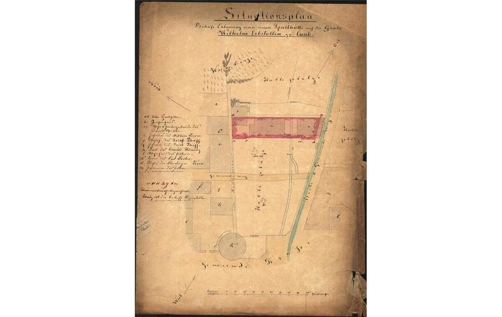 Situationsplan des Gebäudekomplexes Wilhelm-Erbstollen in Kaub zu Zeiten des Nassauischen Staatsbetriebes (1858-1867)