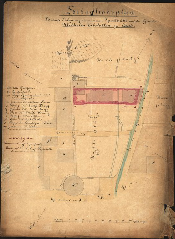 Situationsplan des Gebäudekomplexes Wilhelm-Erbstollen in Kaub zu Zeiten des Nassauischen Staatsbetriebes (1858-1867)