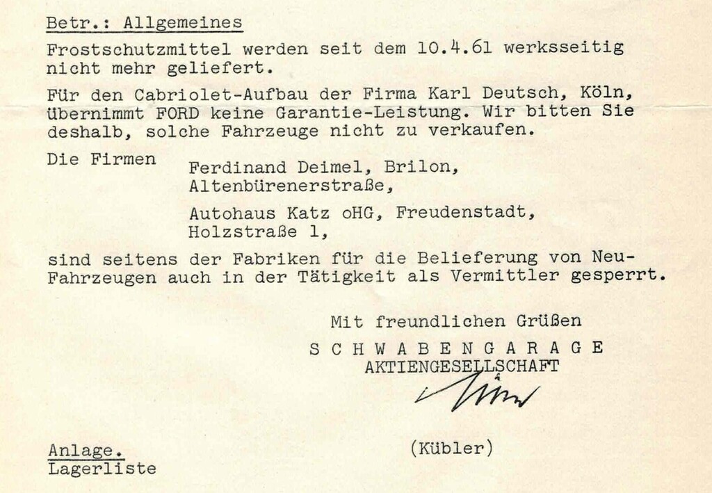 Ausschnitt aus einem Schreiben des Stuttgarter KFZ-Großhändlers "Schwabengarage AG" vom April 1961, u.a. zum Wegfall von Garantieleistungen an Ford-Fahrzeugen, die durch die Kölner Firma "Karl Deutsch" zu Cabrios umgebaut wurden.