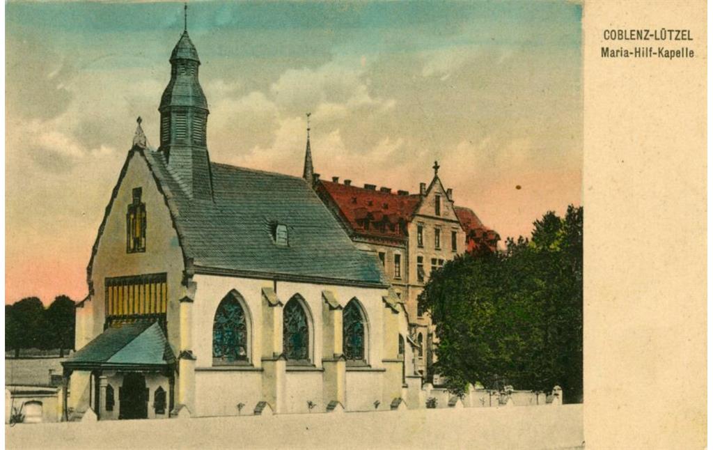 Kolorierte historische Postkarte der Maria-Hilf-Kapelle in Koblenz-Lützel (gelaufen um 1915).