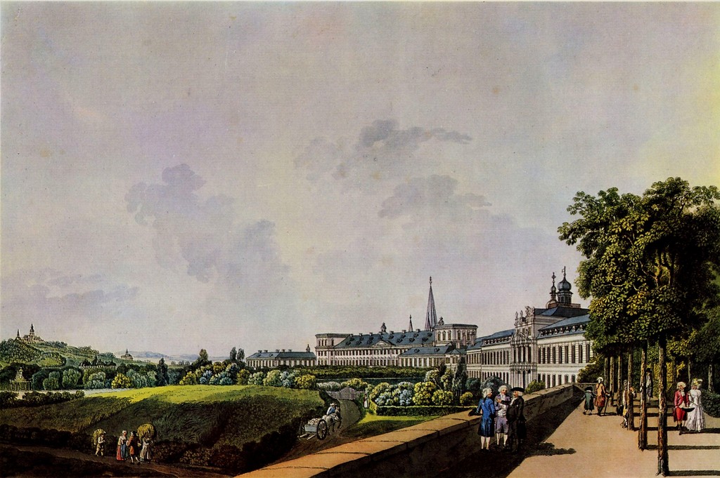 Blick vom Alten Zoll auf das kurfürstliche Schloss in Bonn auf einem Kupferstich aus dem Jahr 1798 mit Poppelsdorfer Schloss und Heiliger Stiege im Bildhintergrund