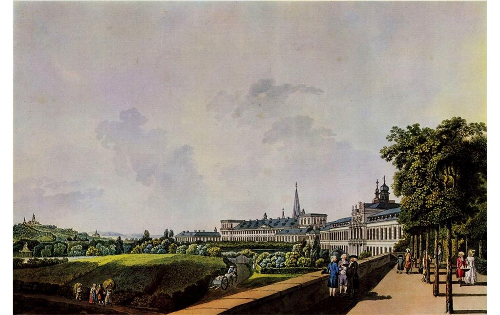 Blick vom Alten Zoll auf das kurfürstliche Schloss in Bonn auf einem Kupferstich aus dem Jahr 1798 mit Poppelsdorfer Schloss und Heiliger Stiege im Bildhintergrund
