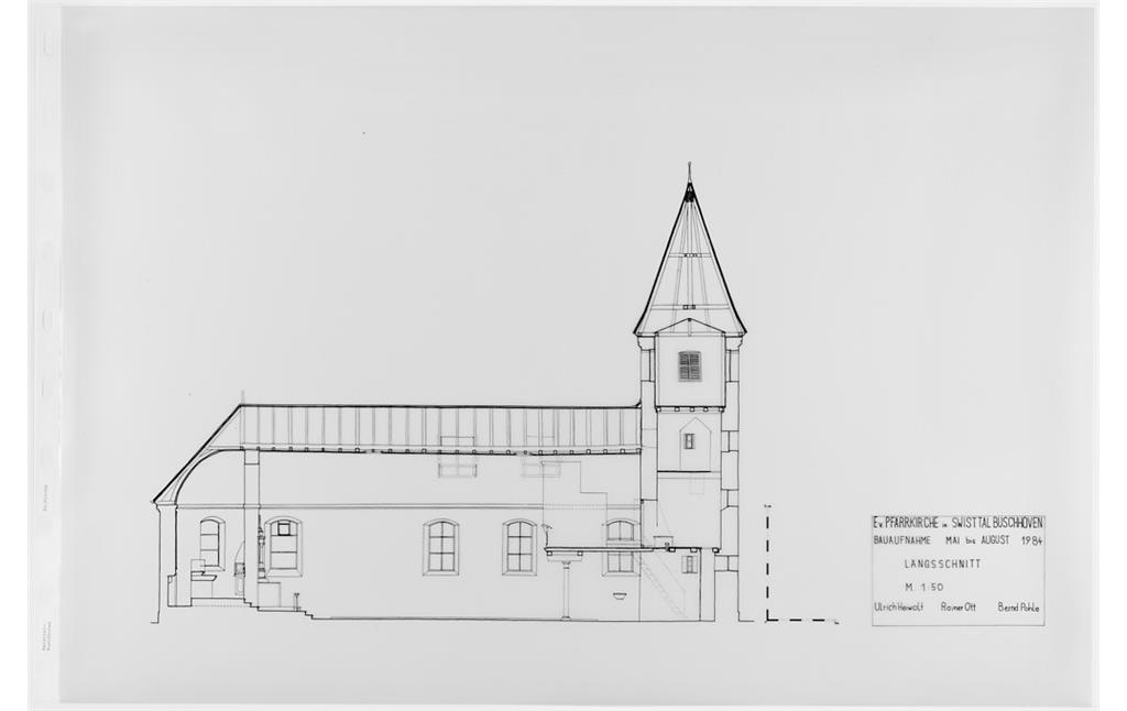 Plan der evangelischen Versöhnungskirche der Bauaufnahme Mai bis August 1984, Längsschnitt