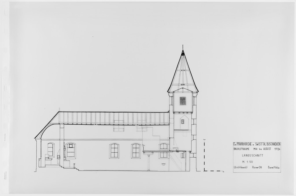 Plan der evangelischen Versöhnungskirche der Bauaufnahme Mai bis August 1984, Längsschnitt