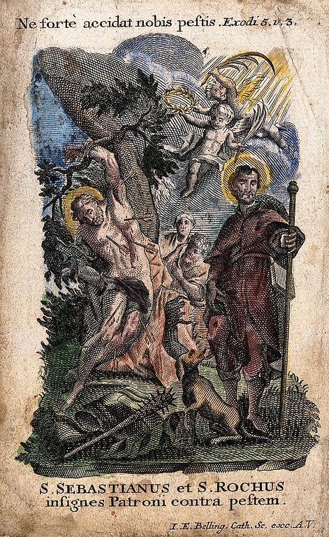 Kolorierter Stich von Joseph Erasmus Belling aus der zweiten Hälfte des 18. Jahrhunderts: eine Heiligenszene mit dem Märtyrer Sankt Sebastian (links) und dem Pestheiligen Sankt Rochus (rechts).