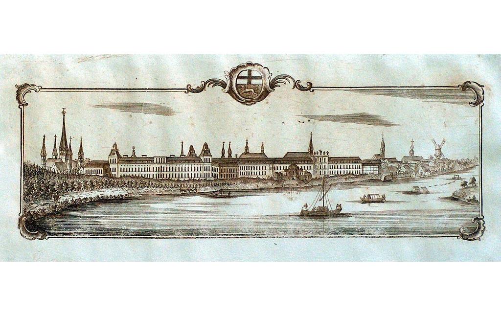 Kupferstich mit Ansicht des kurfürstlichen Schlosses im Zustand vor 1777 und der Stadt Bonn von Süden aus dem Jahr 1785