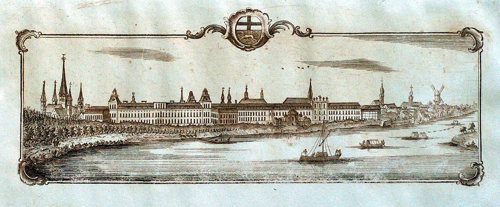 Kupferstich mit Ansicht des kurfürstlichen Schlosses im Zustand vor 1777 und der Stadt Bonn von Süden aus dem Jahr 1785