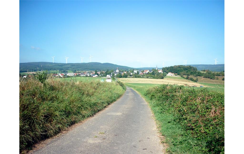 Geteerte Trasse der ehemaligen Römerstraße Ausoniusweg im Soonwald. Blick vom Kohlenberg in westliche Richtung auf die Ortslage Dörrebach (2016).