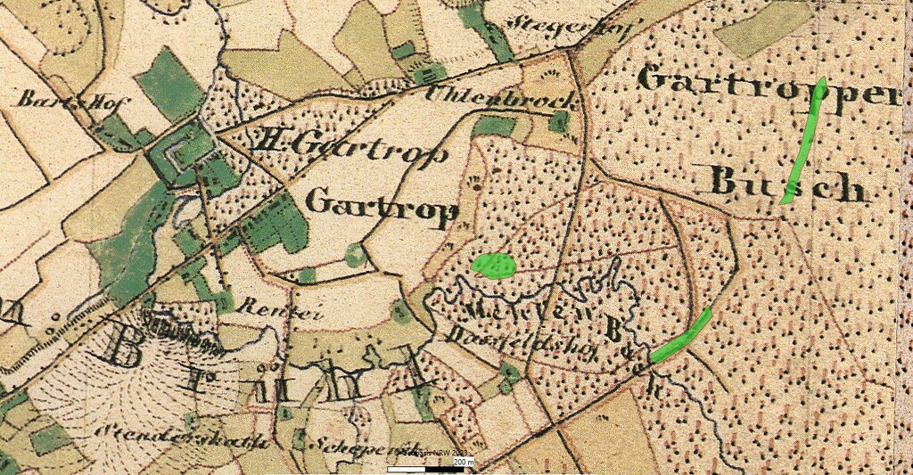 Auszug aus der Topographischen Karte 'Drevenack' von 1843. Grün markiert sind Ringwallanlage und Landwehrabschnitte