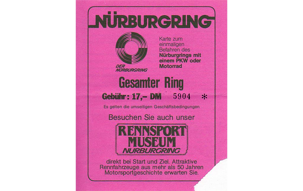 Karte mit der Zufahrtsberechtigung "Gesamter Ring" für Touristenfahrten am Nürburgring (1993).