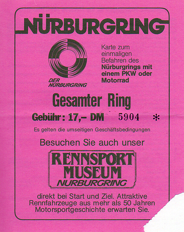 Karte mit der Zufahrtsberechtigung "Gesamter Ring" für Touristenfahrten am Nürburgring (1993).
