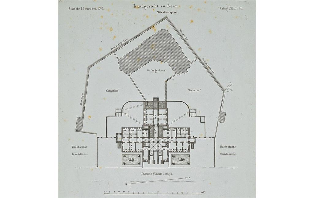 "Landgericht zu Bonn, Situationsplan", erstellt von "Ernst & Korn, Berlin" (aus: Zeitschrift für Bauwesen, 1863).