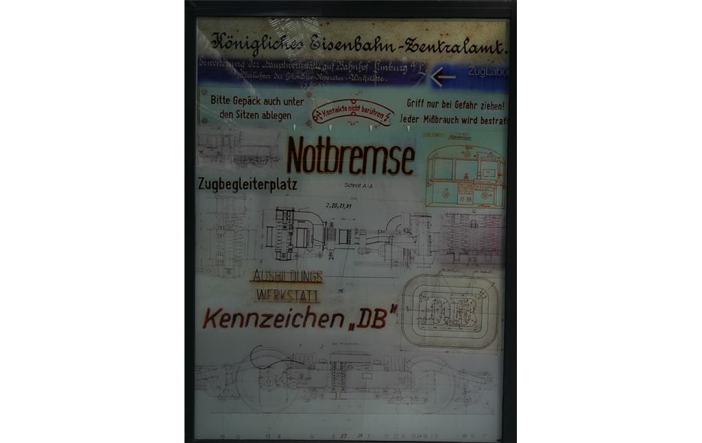 Hinweis auf die historische Nutzung in der ehemaligen Richthalle des Bahnausbesserungswerkes Limburg (Plakat, 2017)