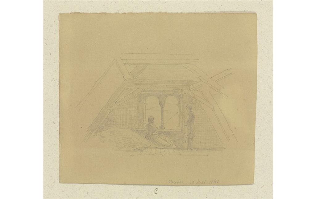 Skizze aus der graphischen Sammlung des Städel, die das Fenster im Süd-Giebel des Dachgeschosses des Haus Korbisch zeigt (1861)