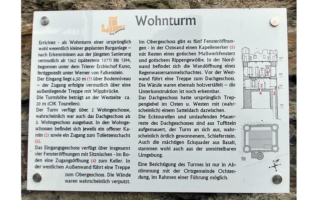 Informationstafel zum Wohnturm der Burgruine Wernerseck bei Ochtendung (2021).