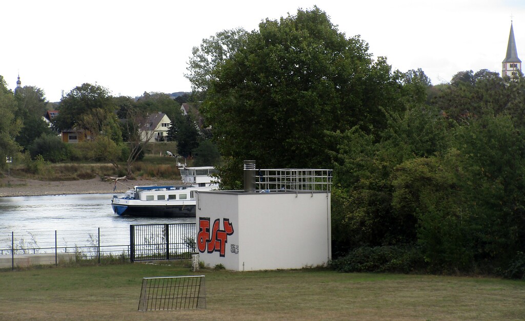 Blick auf eine Grünfläche zwischen Leinpfad und Legionsweg am Bonner Rheinufer (2020), einst Standort des "SABENA-Heliports" Bonn.