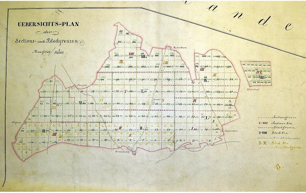 Übersichtsplan der Block- und Abteilungsgrenzen im Klever Reichswald, hier aus der "Spezial Karte von der Königlichen Oberförsterei Cleve" von 1864. Zu erkennen sind die ursprünglich 117 Abteilungen sowie die spätere feinere Unterteilung in 231 Abteilungen.