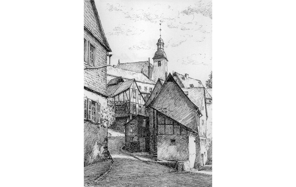 Historische Zeichnung der ehemaligen Gebäude der Manufaktur Merkelbach (um 1900)