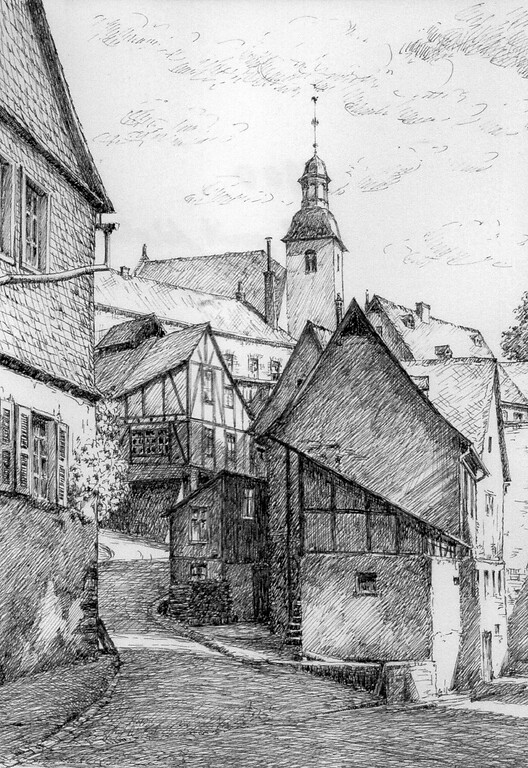 Historische Zeichnung der ehemaligen Gebäude der Manufaktur Merkelbach (um 1900)