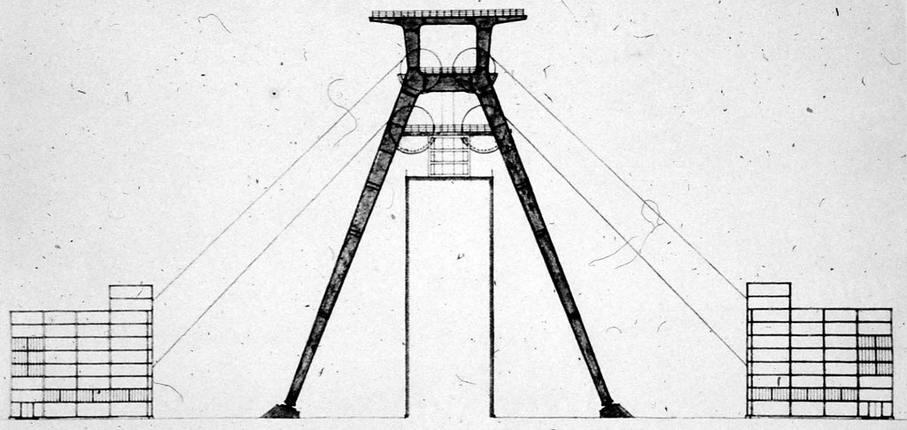 Zeche Zollverein, Skizze des Fördergerüsts mit Fördermaschinenhäusern, um 1932
